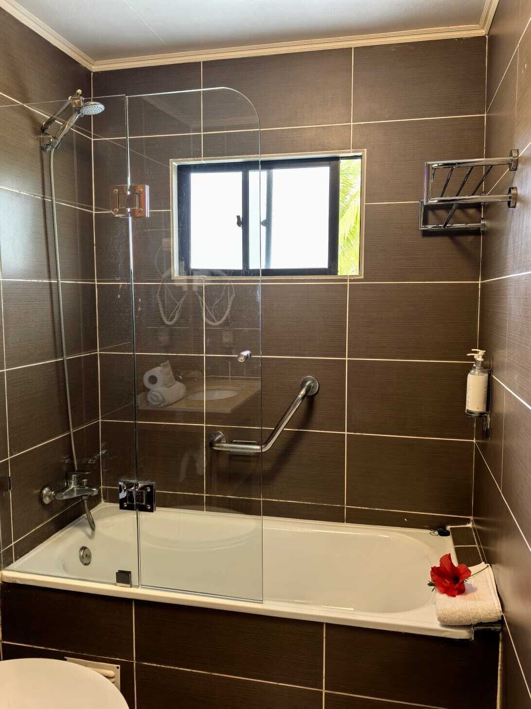 A bathroom with a glass-enclosed shower, a bathtub, a window, and a towel rack.