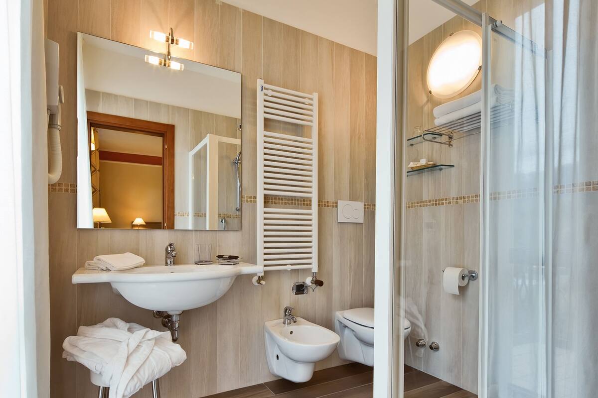 shower, hair dryer, bidet, towels