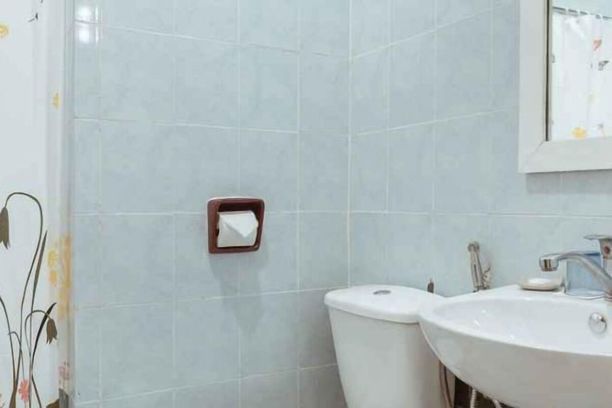 Un baño con inodoro, lavamanos y dispensador de toallas.