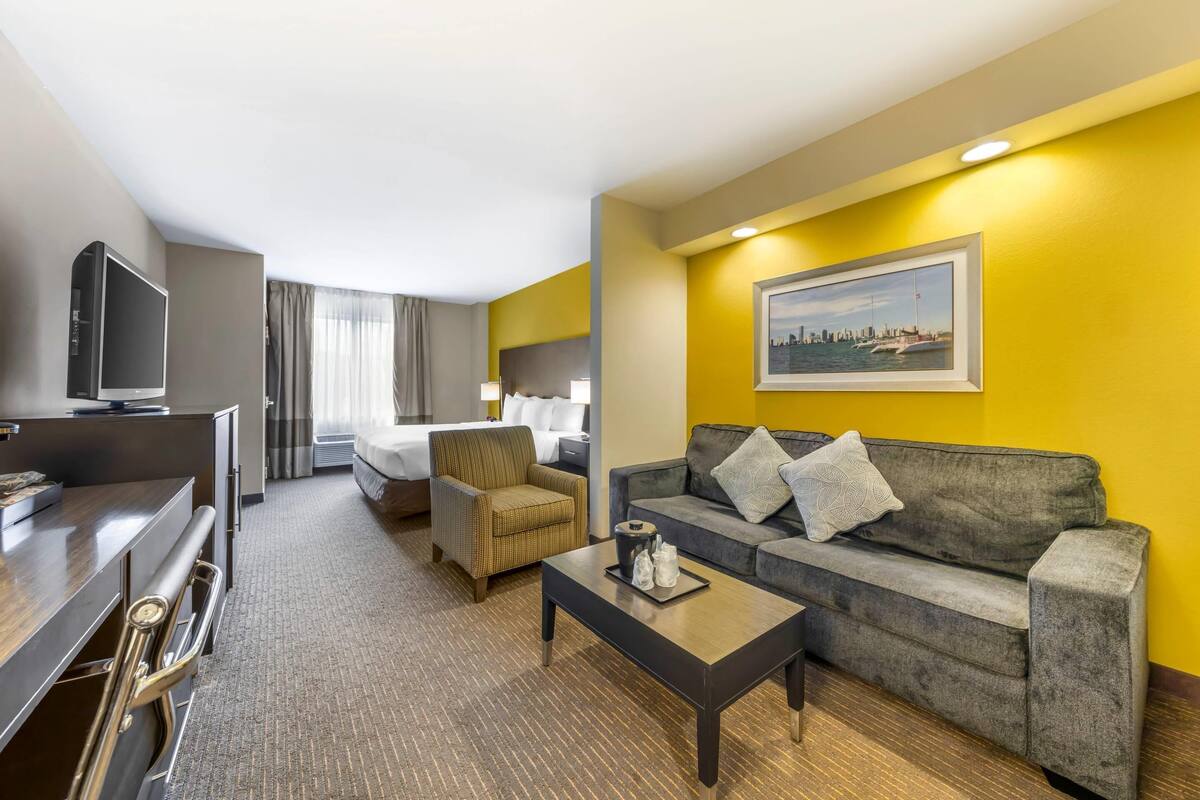 Una habitación de hotel con una cama, un sofá, un televisor y una mesa de centro.