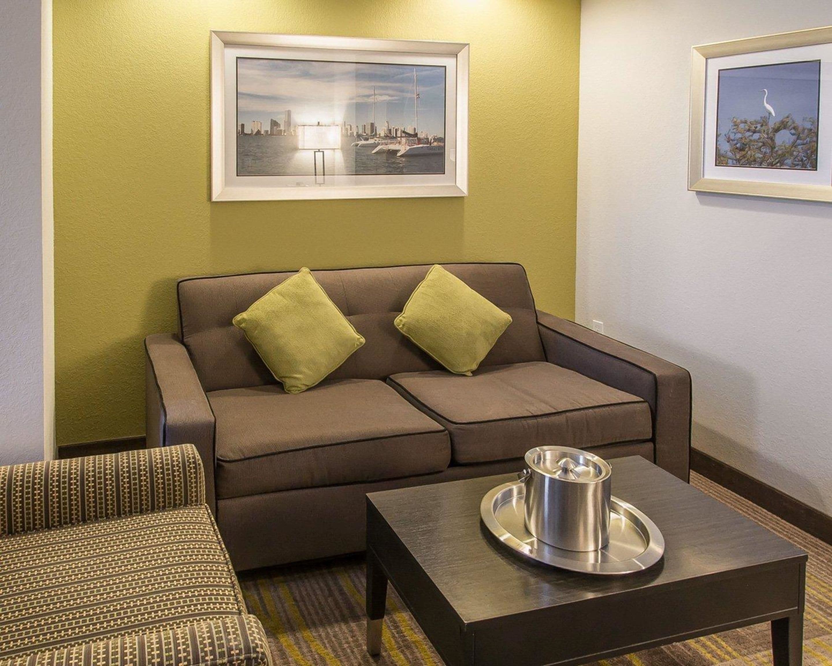 Een moderne hotelkamer met een bruine bank, twee groene kussens, een gestreept fauteuil en een klein tafeltje met dienblad.