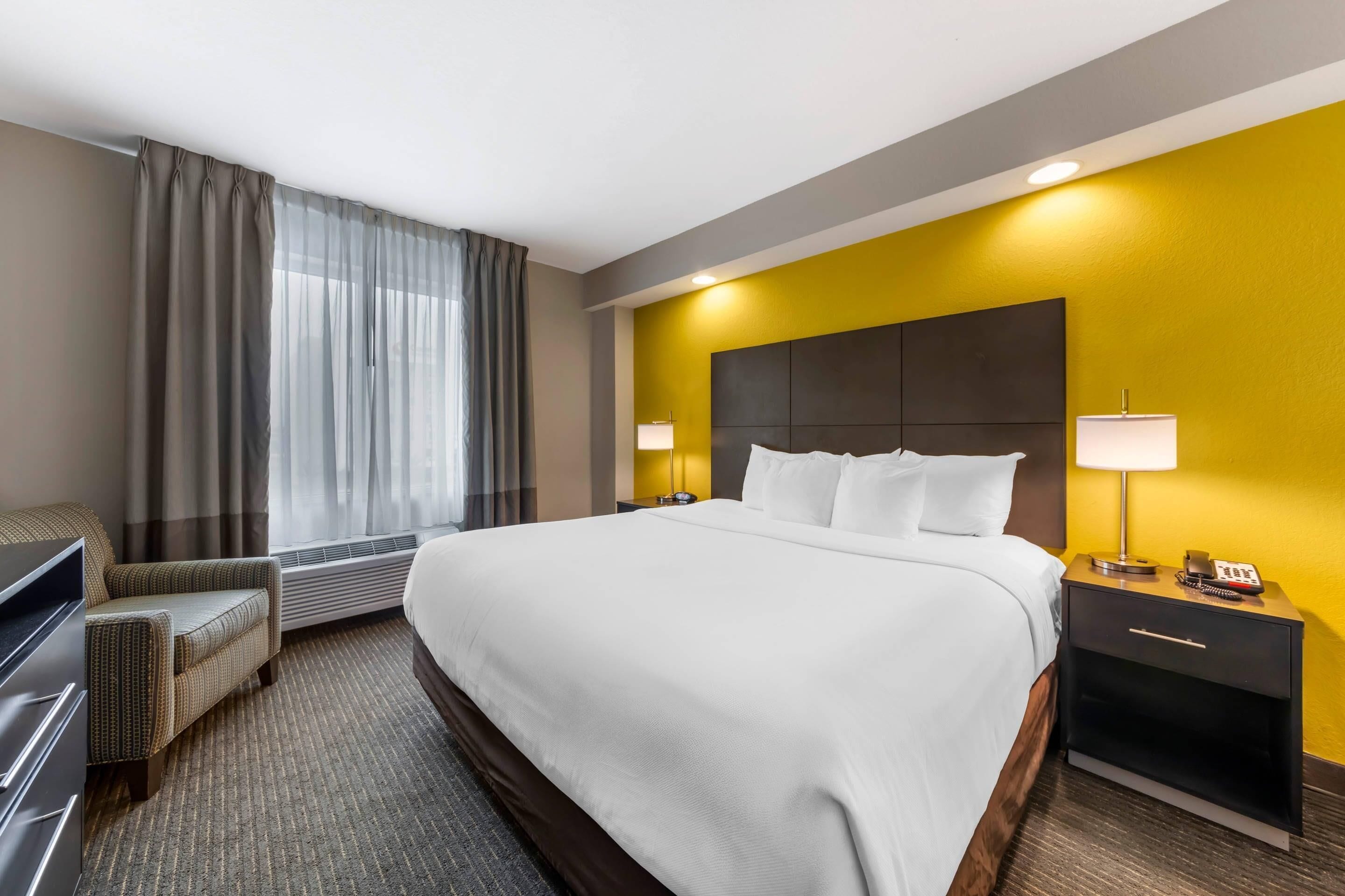A hotel room with a large bed, a desk, a chair, a TV, and a bedside table with a lamp.