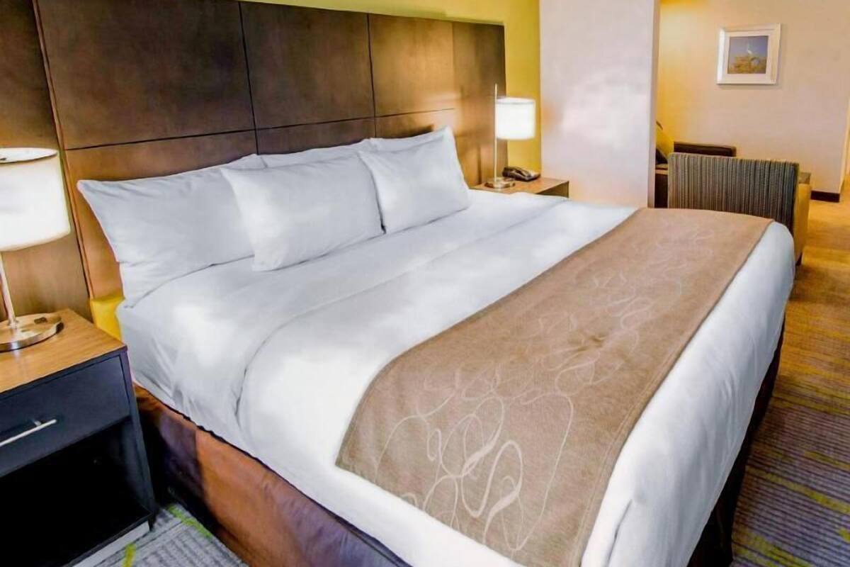 Un cuarto de hotel con una cama grande, una mesita de noche, una lámpara y un cuadro en la pared.