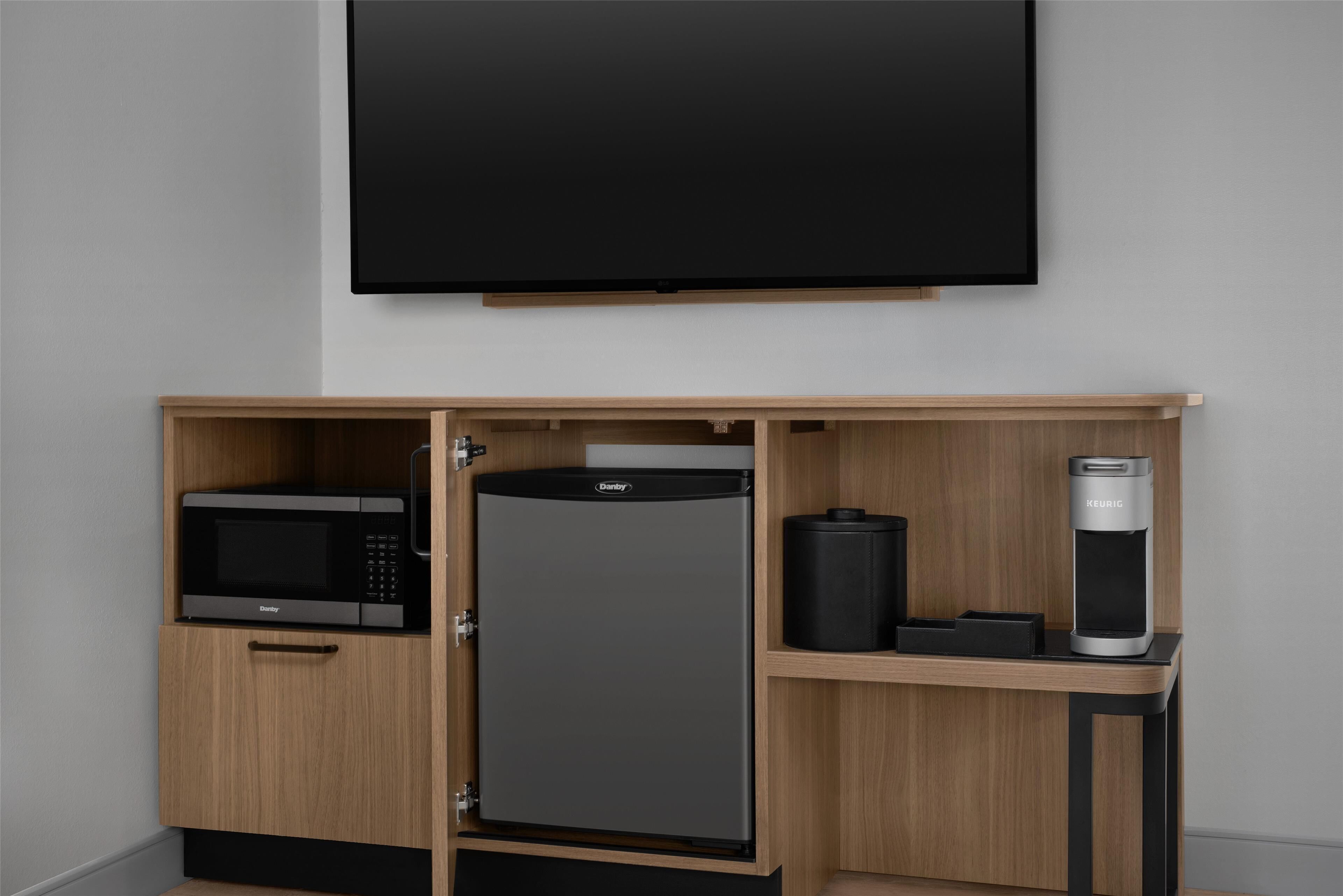 desk, laptop workspace, blackout curtains, iron/ironing board