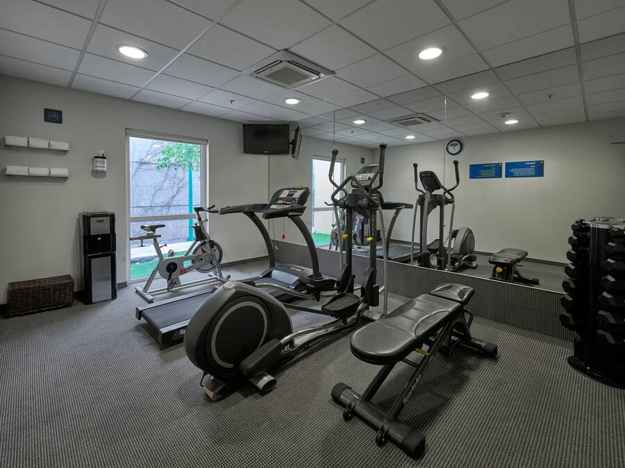 A gym with treadmills, elliptical machines, a stationary bike, and free weights.