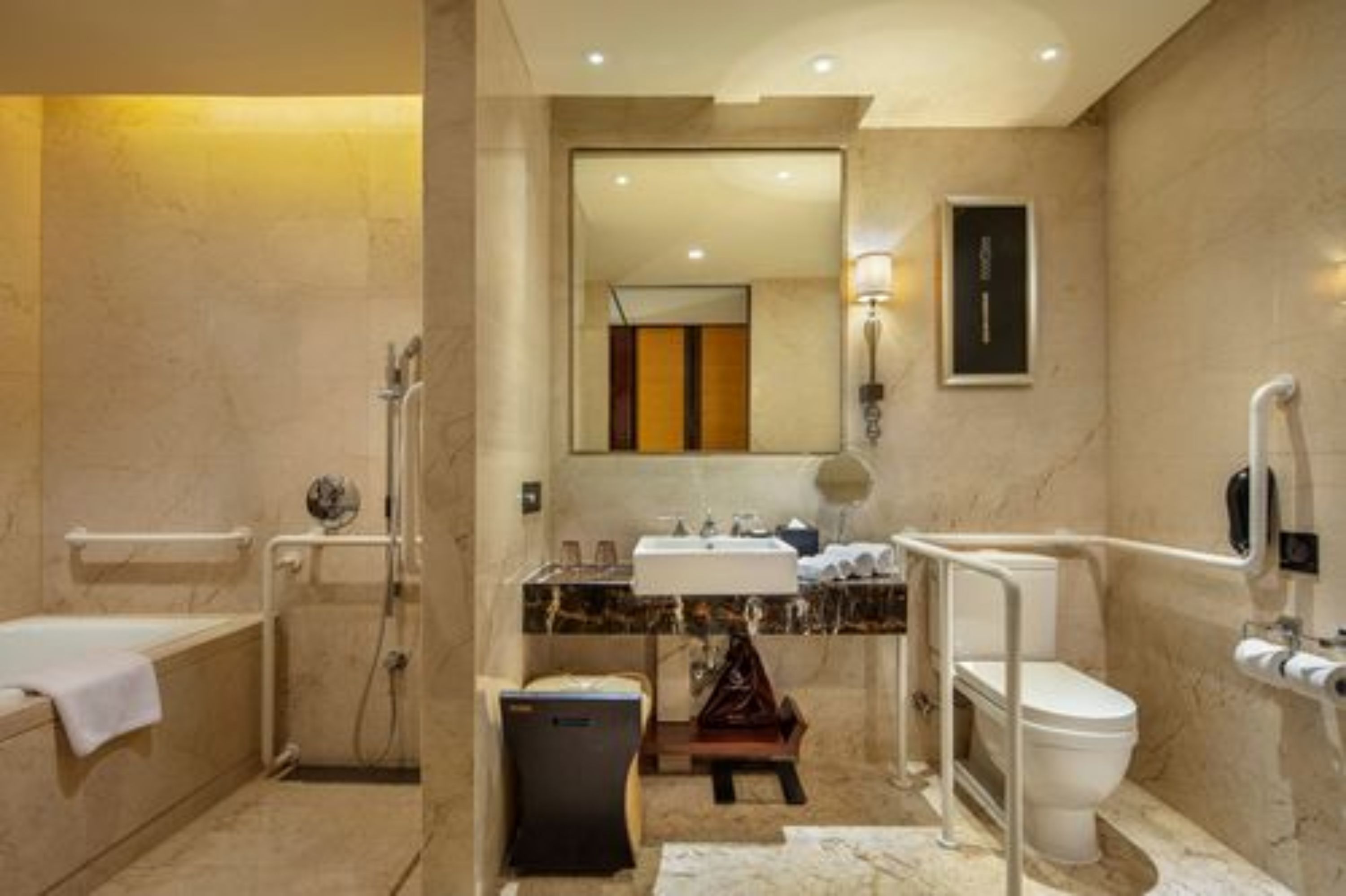 A modern bathroom with a walk-in shower, a toilet, and a sink.