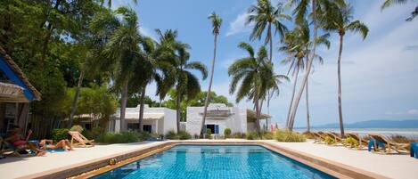 A swimming pool with clear blue water, surrounded by palm trees and lounge chairs.