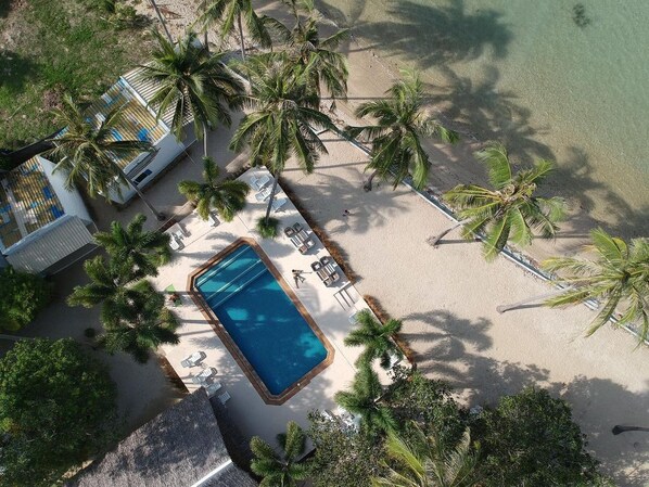 An aerial view of a resort with a swimming pool, beach area, and palm trees. - Lime & Soda Beachfront Resort (Ko Pha-ngan)