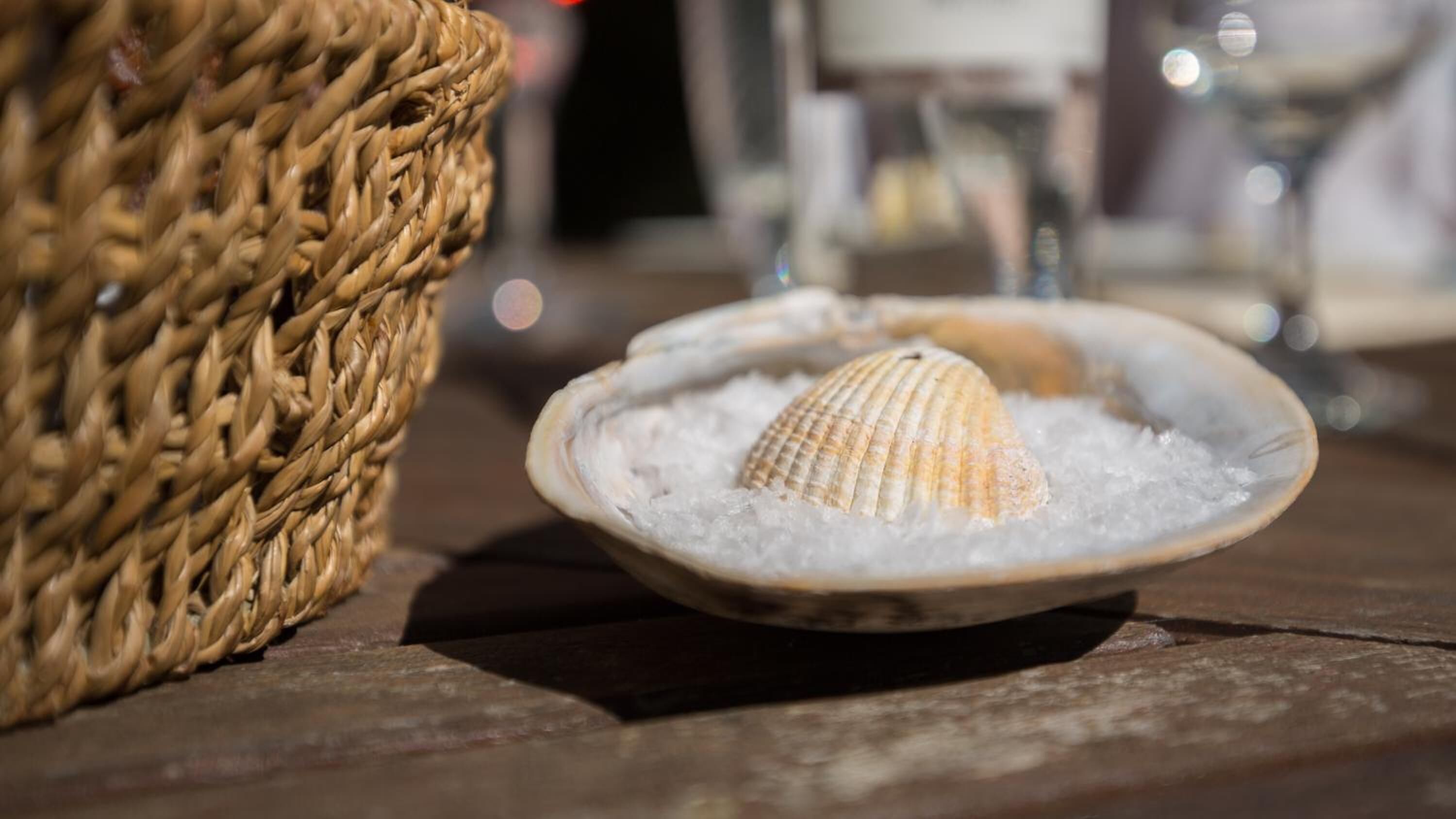 A woven basket and a shell on ice.