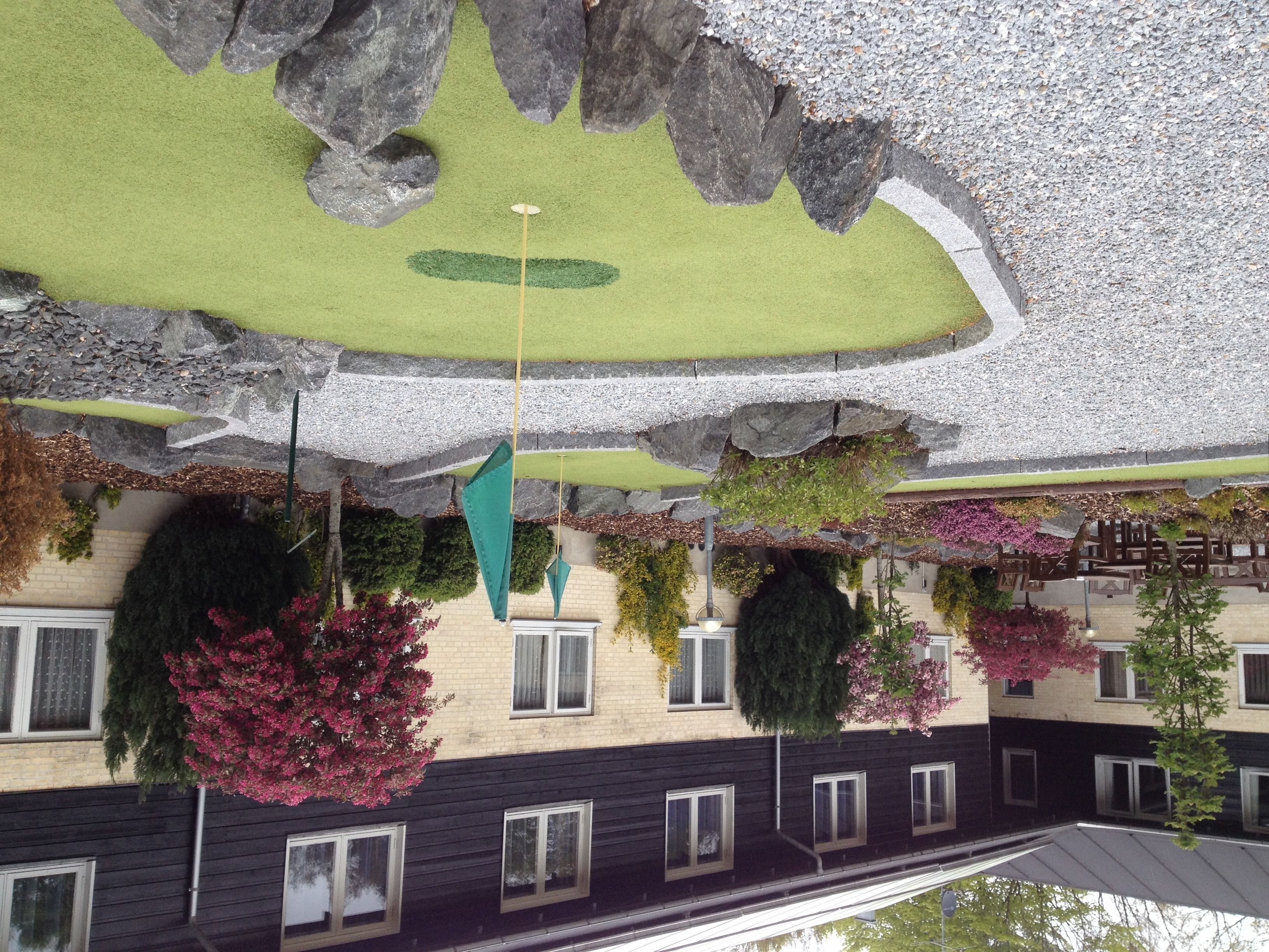 A building with a green roof, hanging plants, and a stone facade.
