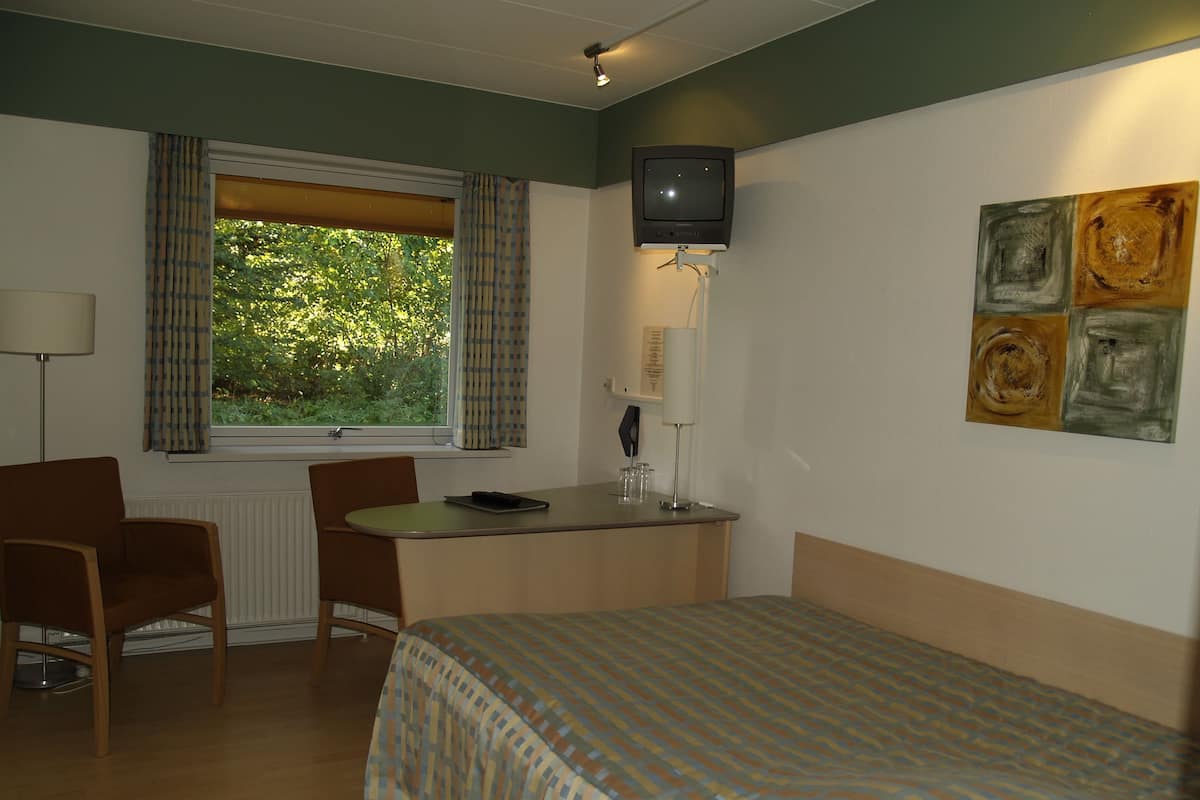 Une chambre d’hôtel comprenant un lit, un bureau, deux chaises, une télévision et une fenêtre avec des rideaux.