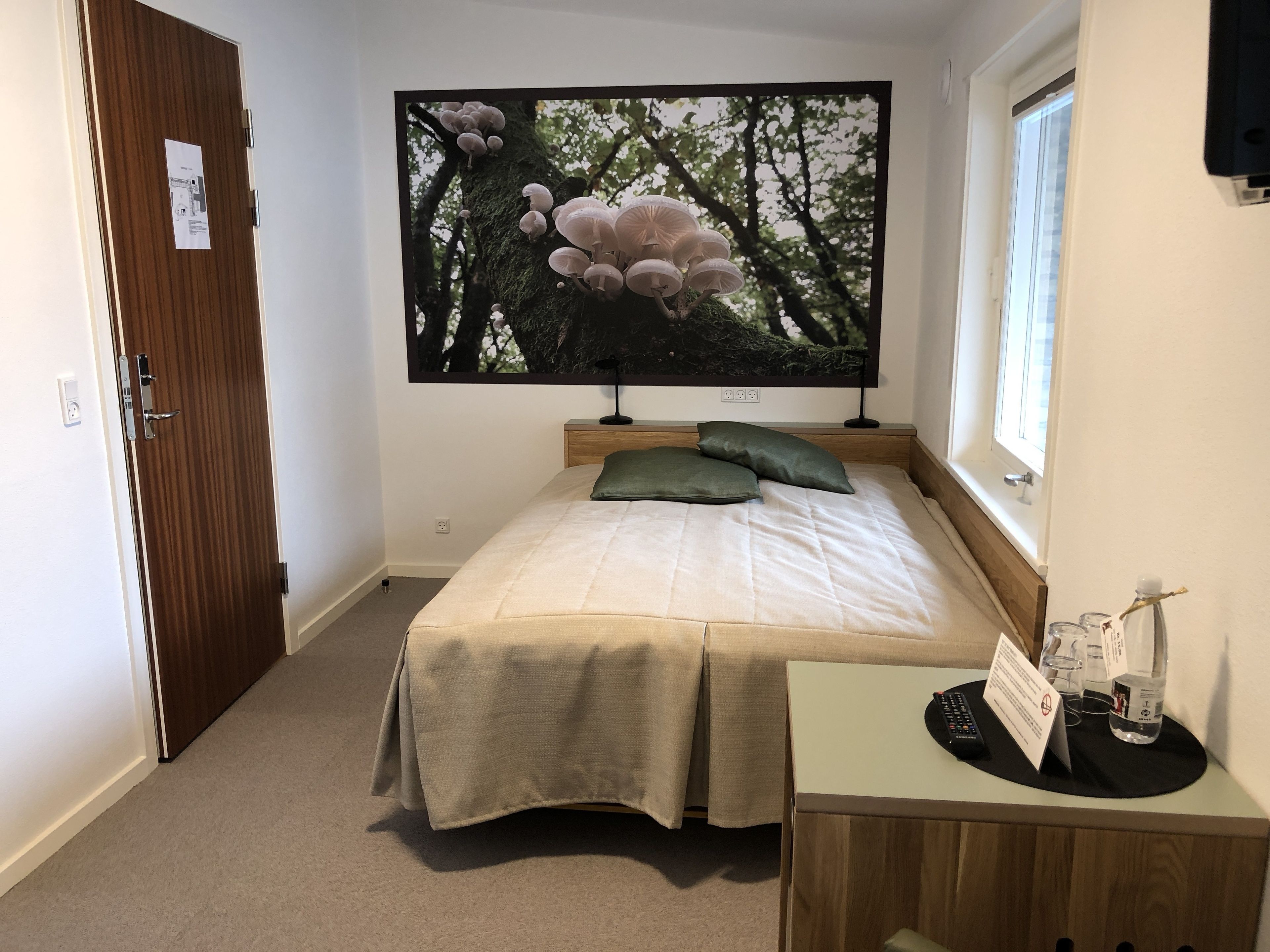 Ein Schlafzimmer mit einem Bett, einem Nachttisch, einem Fenster und einem an der Wand befestigten Fernseher.