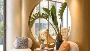 A modern interior with a curved wall, a round mirror, a sofa, a chair, and a potted plant.
