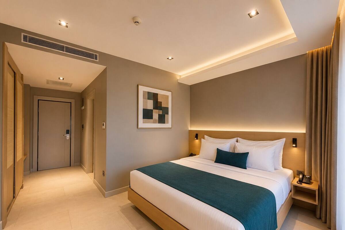 Ein modernes Hotelzimmer mit einem großen Bett, einem Nachttisch mit Lampe, einem gerahmten Kunstwerk an der Wand und einer Tür zu einem weiteren Zimmer.