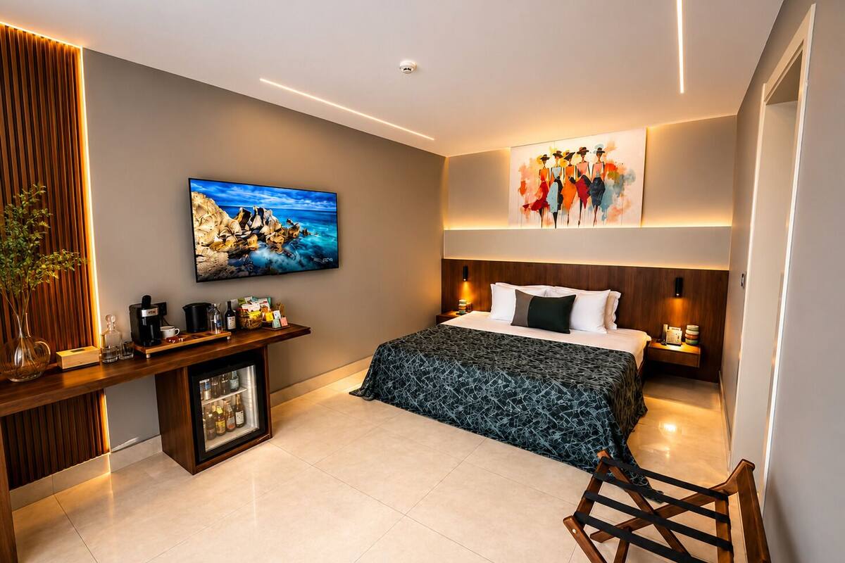Ein modernes Hotelzimmer mit Bett, Nachttischen, Fernseher, Kunstwerken und einer Minibar.