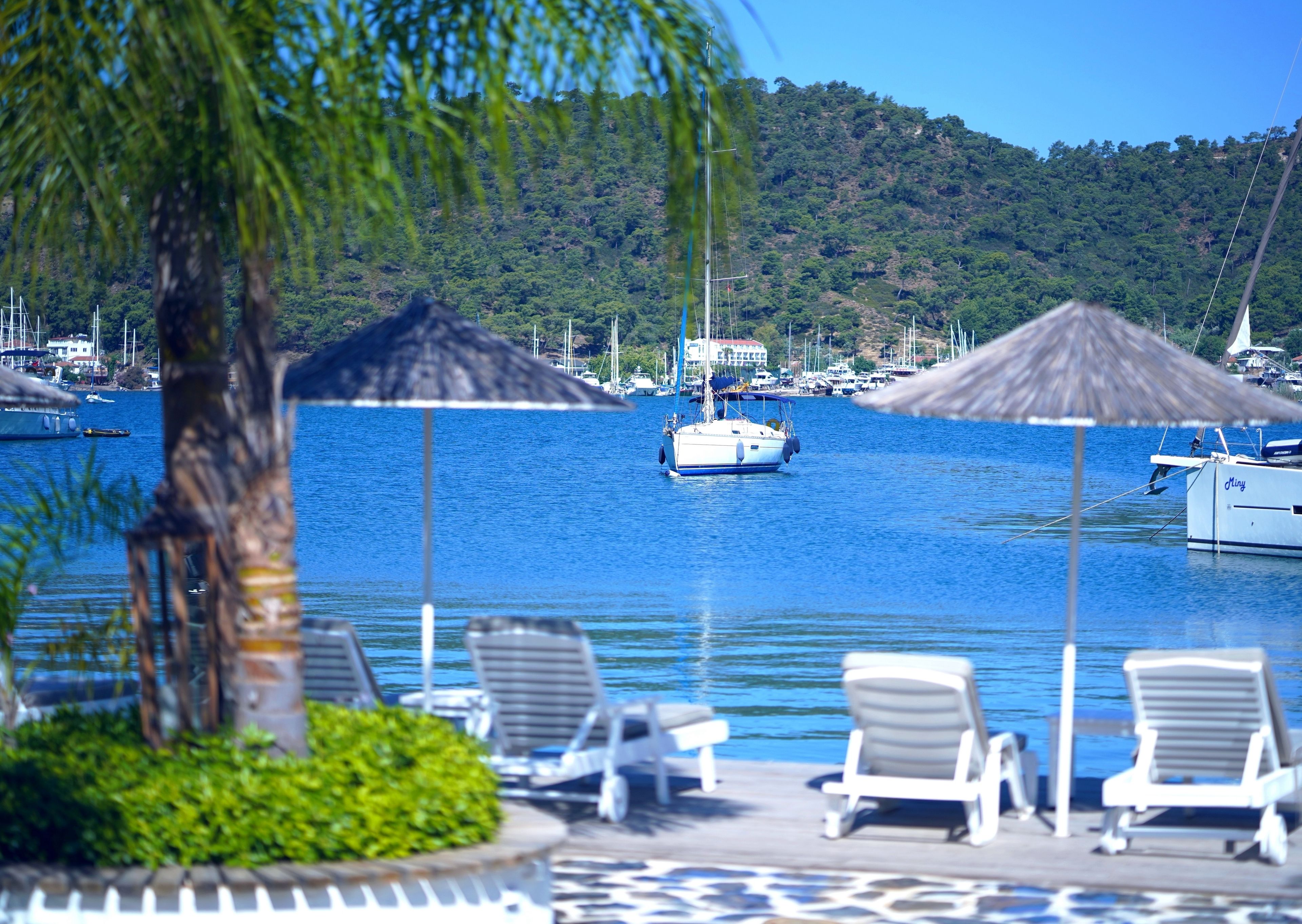 Un puerto deportivo con barcos, sillas de descanso y sombrillas.