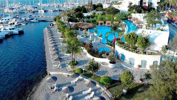 A marina with numerous boats, a large swimming pool surrounded by palm trees, and a building labeled "YACHT".