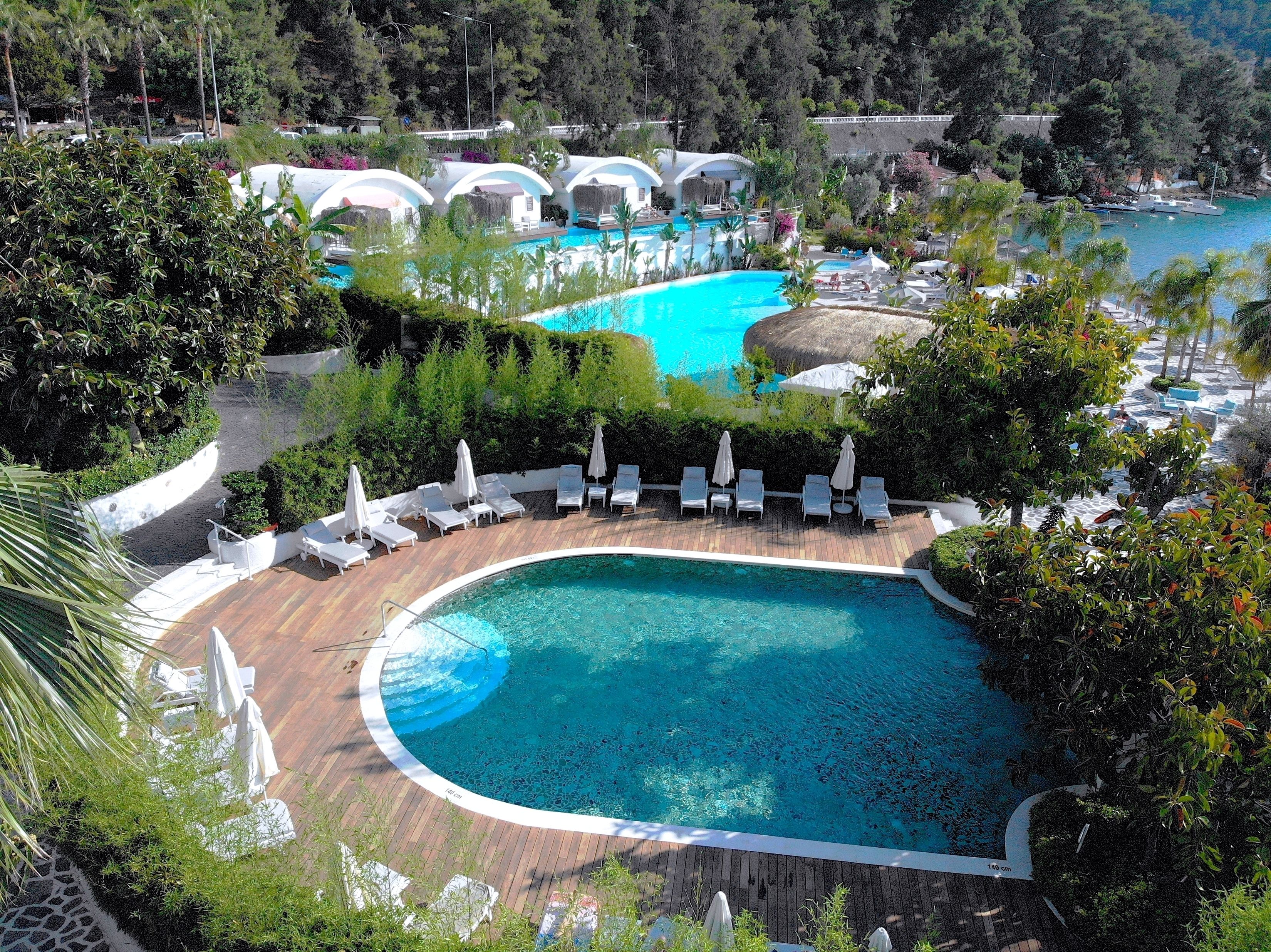 A large, clear swimming pool with sun loungers and umbrellas, surrounded by lush greenery and a view of the sea.