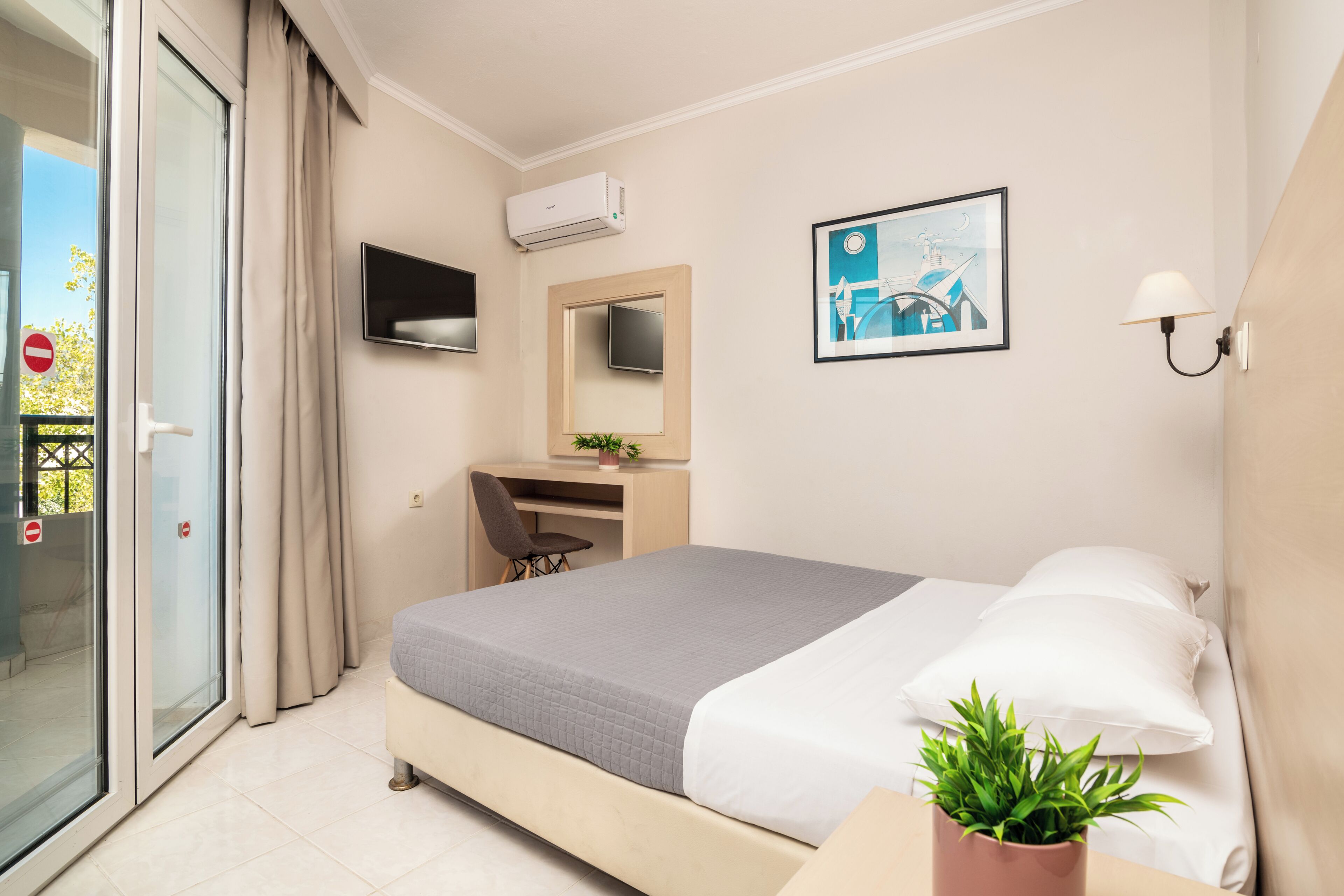 A hotel room with a bed, a desk, a chair, a TV, a plant, and a window with curtains.