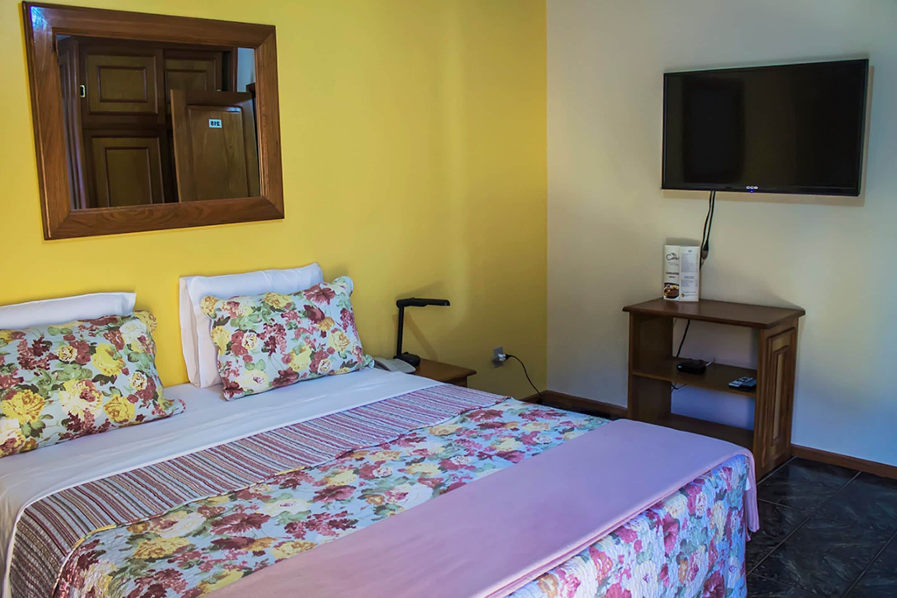 Une chambre d’hôtel avec un lit, une télévision, une table de chevet en bois et un miroir au mur.