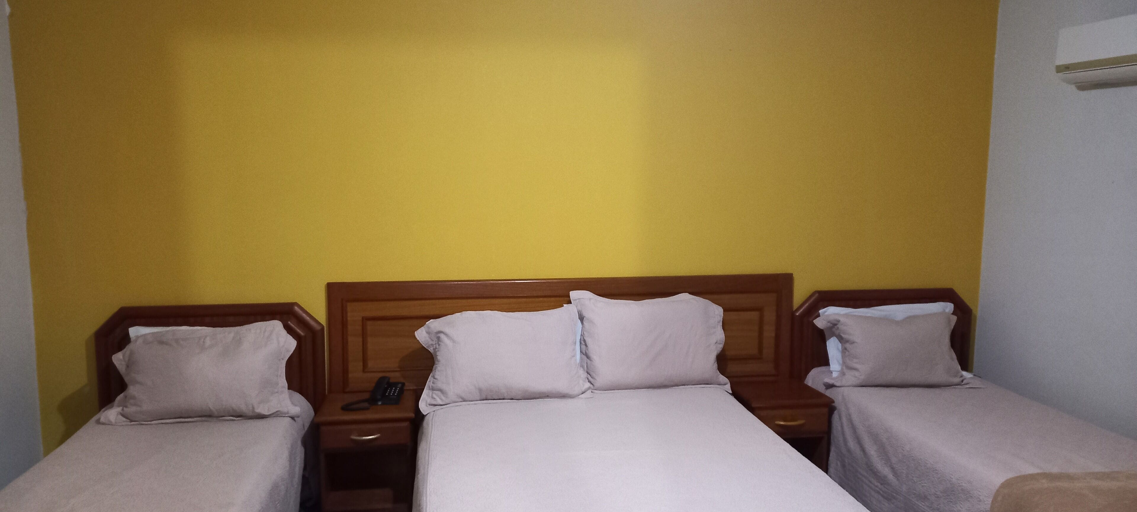 Une chambre d’hôtel avec deux lits simples, des têtes de lit en bois et une table de chevet avec un téléphone.