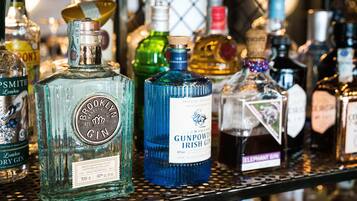 A variety of gin bottles on a shelf.