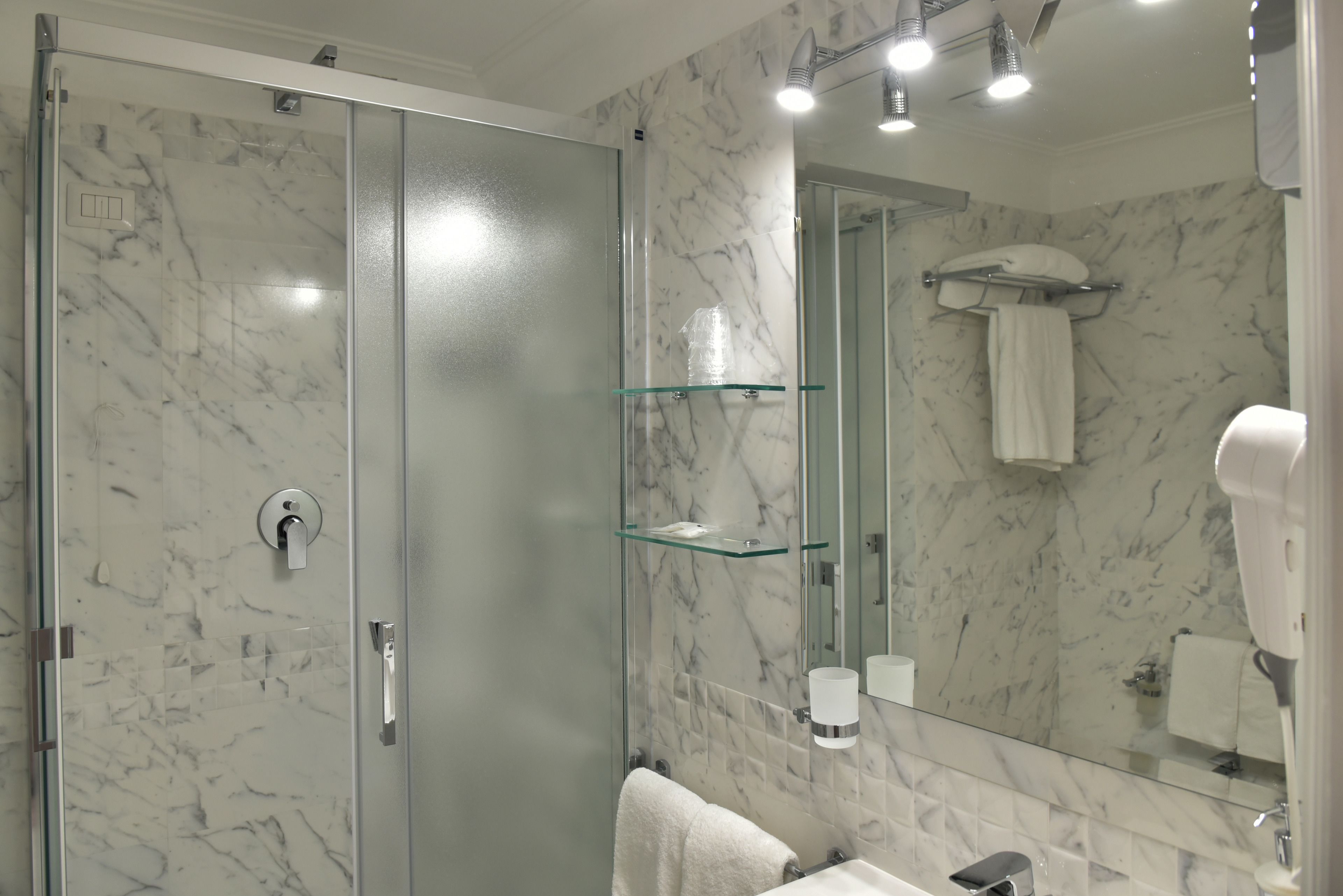 hair dryer, bidet, towels