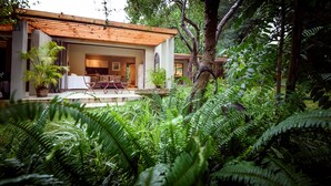 Une maison moderne avec un toit en bois, entourée d’une végétation luxuriante et de fougères.