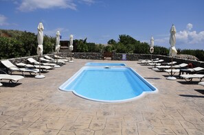 Outdoor pool, pool umbrellas, sun loungers