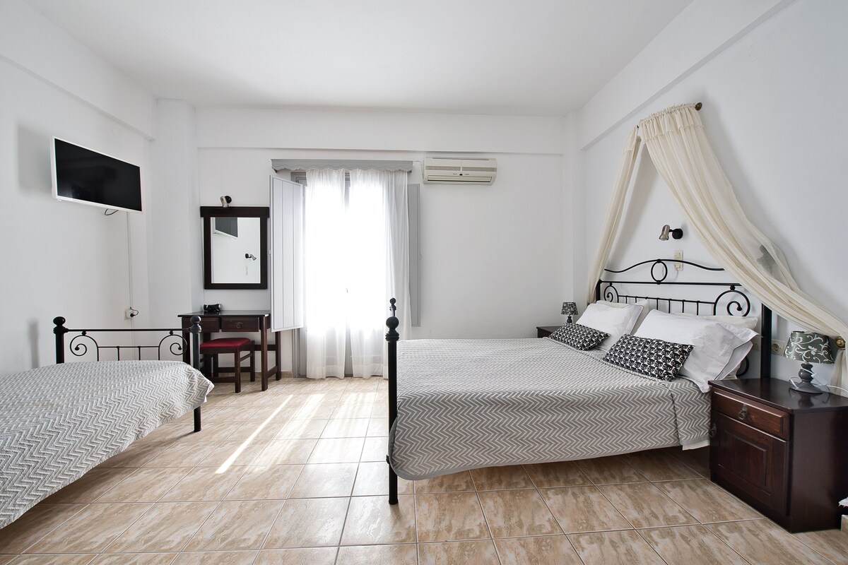 A bedroom with two beds, a desk, a chair, a TV, and a window with curtains.