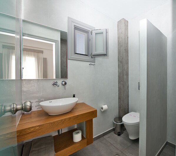 A modern bathroom with a wooden vanity, a white sink, a mirror, a toilet, and a shower area.