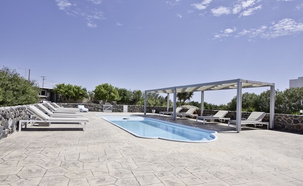 Outdoor pool, pool umbrellas, pool loungers