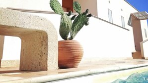 A modern building with a pool, a cactus plant, and a pergola. - Hotel Sole (Lampedusa)