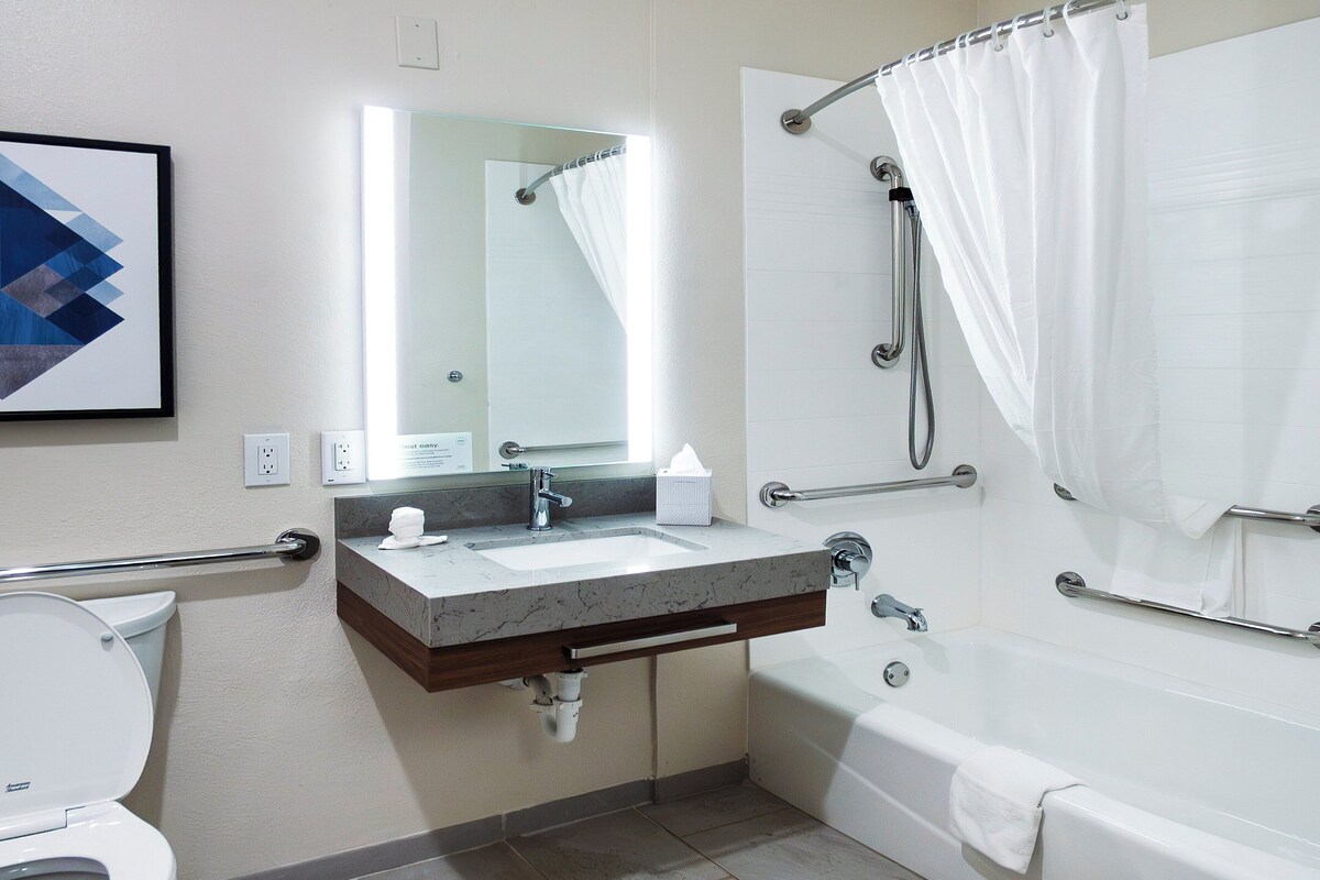 Room, 2 Queen Beds, Accessible, Non Smoking (Comm, Roll Shwr) | In-room safe, desk, laptop workspace, iron/ironing board