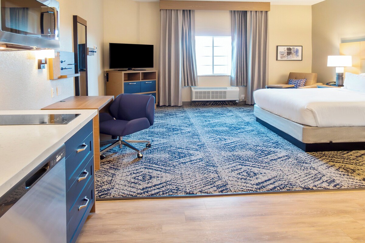 Habitación de hotel con cama, escritorio con silla, televisor, ventana con cortinas y alfombra.