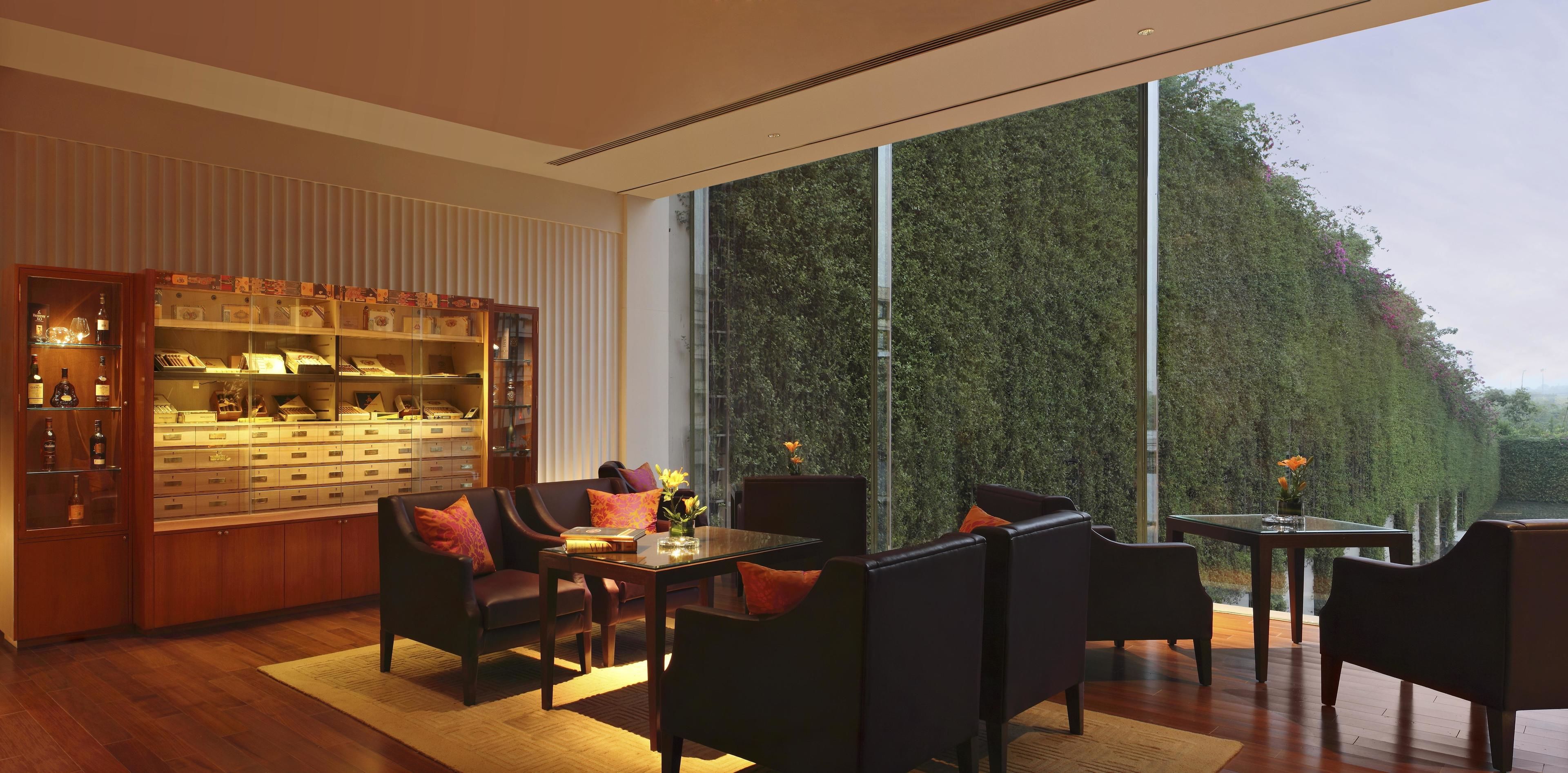 A modern interior with a dining area, a wooden cabinet with glass doors, and a large window offering a view of a green hedge.