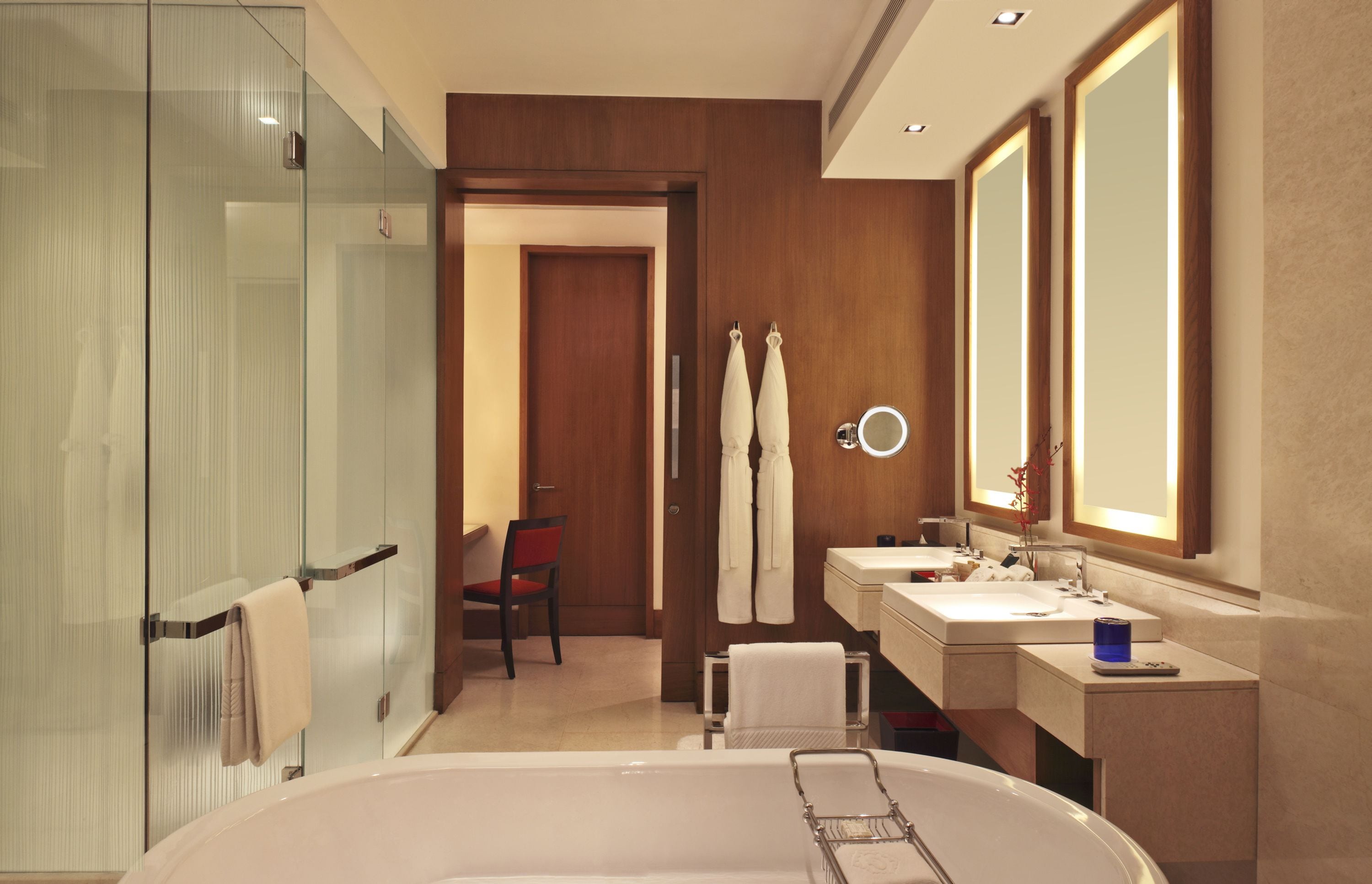 separate bathtub and shower, deep-soaking bathtub, rainfall showerhead