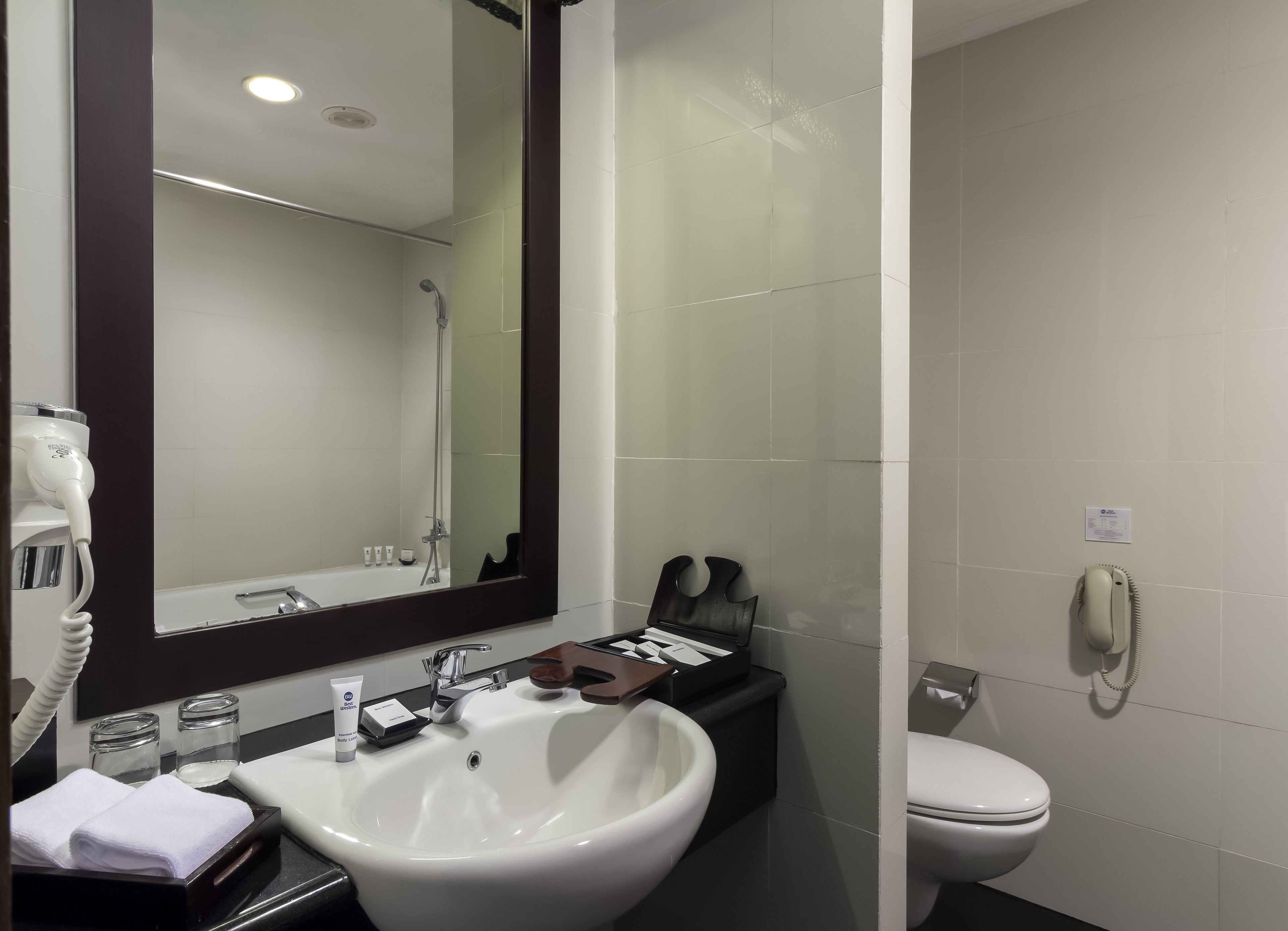 A bathroom with a white sink, a mirror, a hairdryer, a handheld showerhead, a toilet, and a telephone.