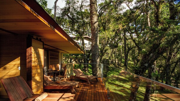 Una terraza de madera con sillones de descanso y una mesa, rodeada de árboles.