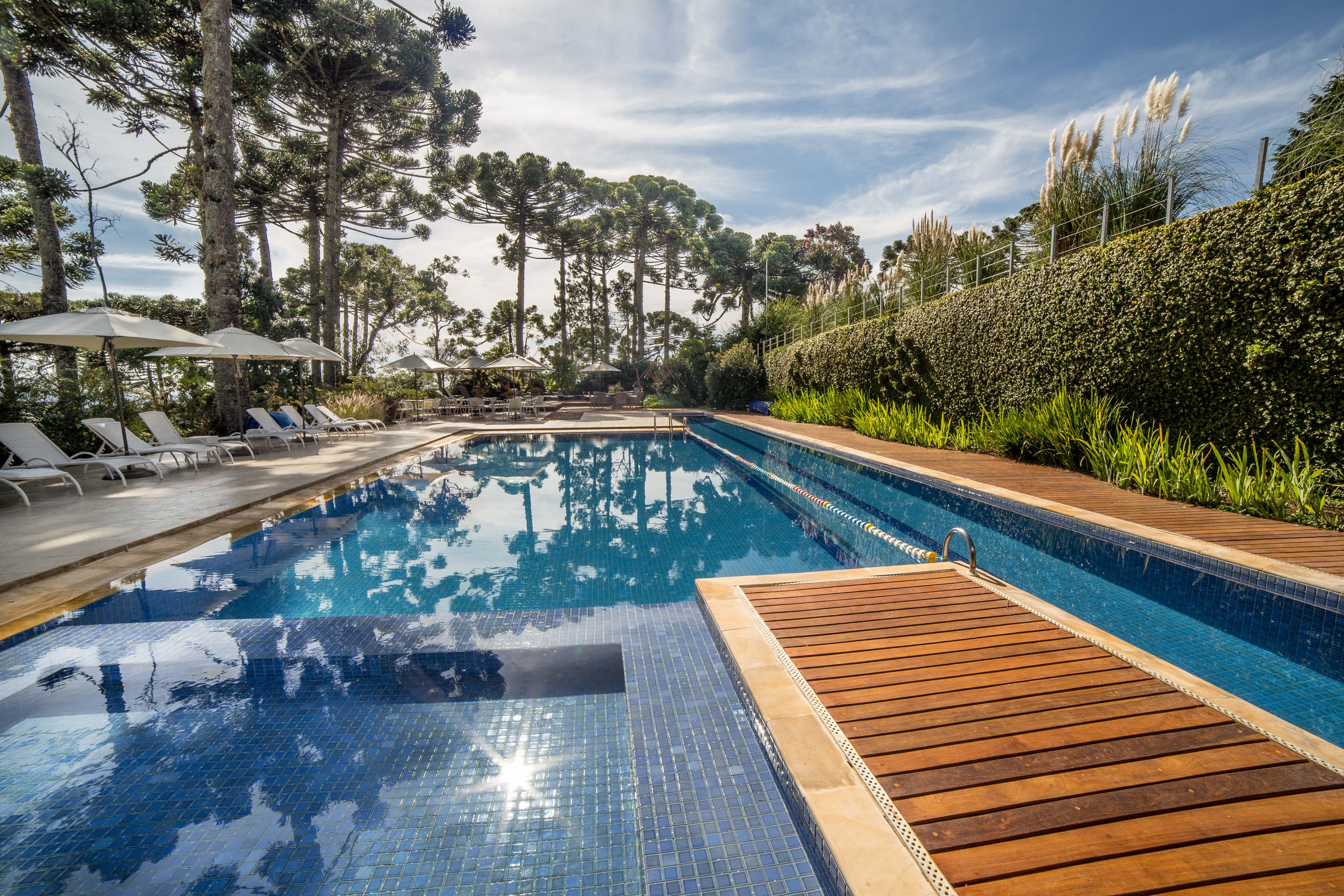 حمّام سباحة خارجي، مظلات على حمّام السباحة، مقاعد للتشمس