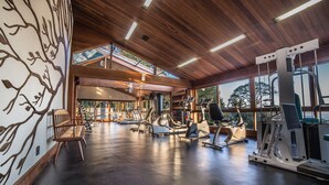 Un gimnasio con diverso equipamiento de ejercicio, vigas de madera en el techo y amplias ventanas con vistas al exterior.