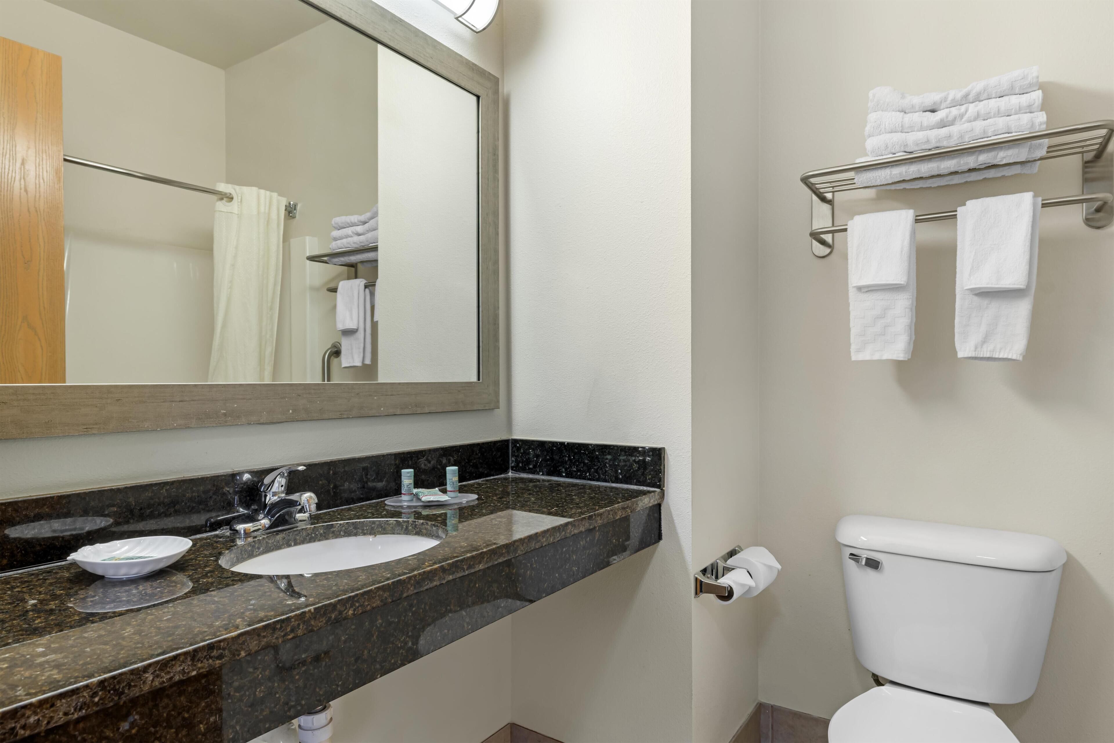 A bathroom with a sink, mirror, towel rack, and toilet.