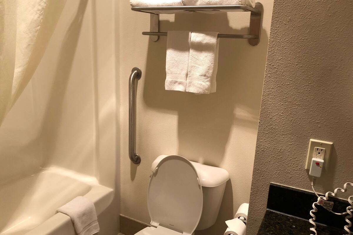 free toiletries, hair dryer, towels