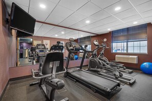 A gym with treadmills, elliptical machines, and exercise balls.
