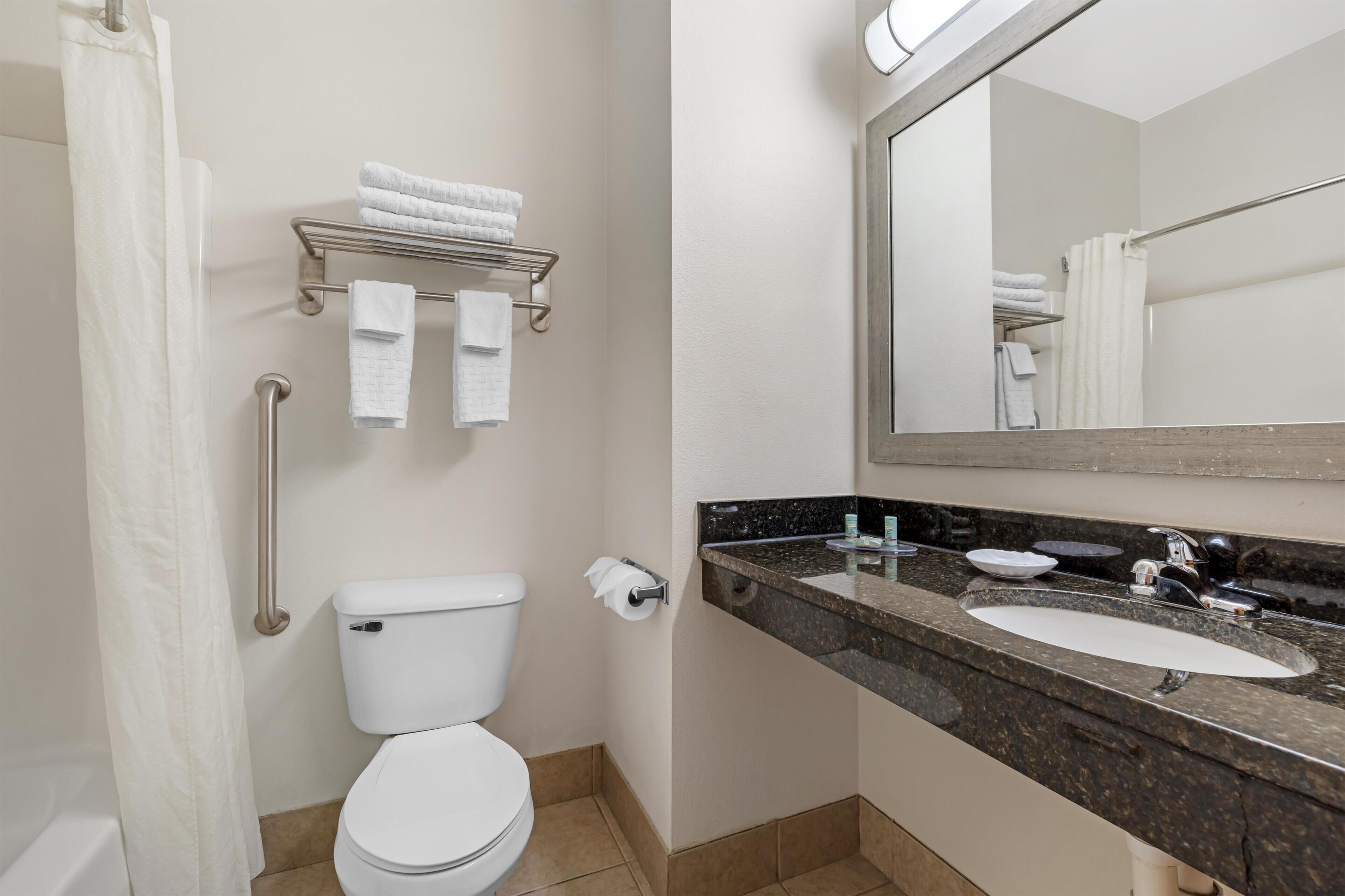 A bathroom with a toilet, a sink, a mirror, and a towel rack.