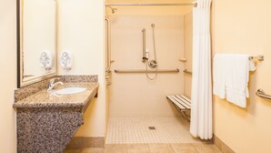 Een toiletruimte aangepast voor mensen met een handicap, met een wastafel met granieten blad, een spiegel, een douche met handgrepen en een witte handdoek aan een rek.
