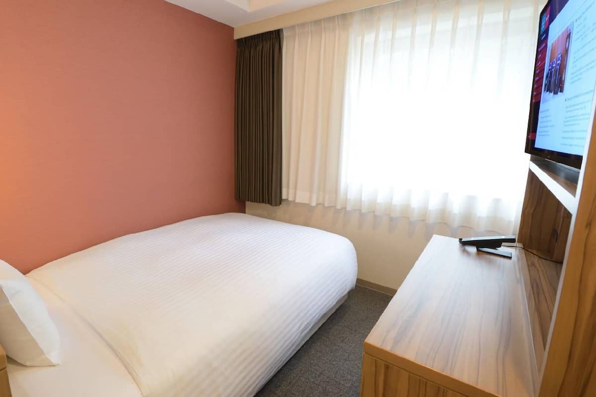 A hotel room with a single bed, a desk, a TV, and a window with curtains.