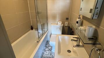 A bathroom with a glass-enclosed shower, a white sink, and a toilet.