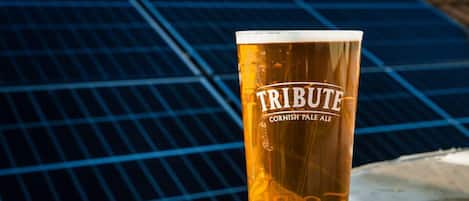 Una cerveza Tribute Cornish Pale Ale en una superficie metálica.
