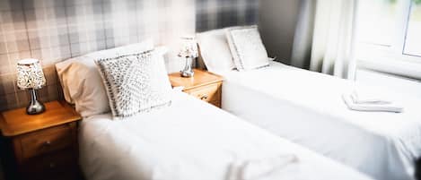 Chambre avec lits jumeaux | Literie hypoallergénique, décor unique, fer et planche à repasser